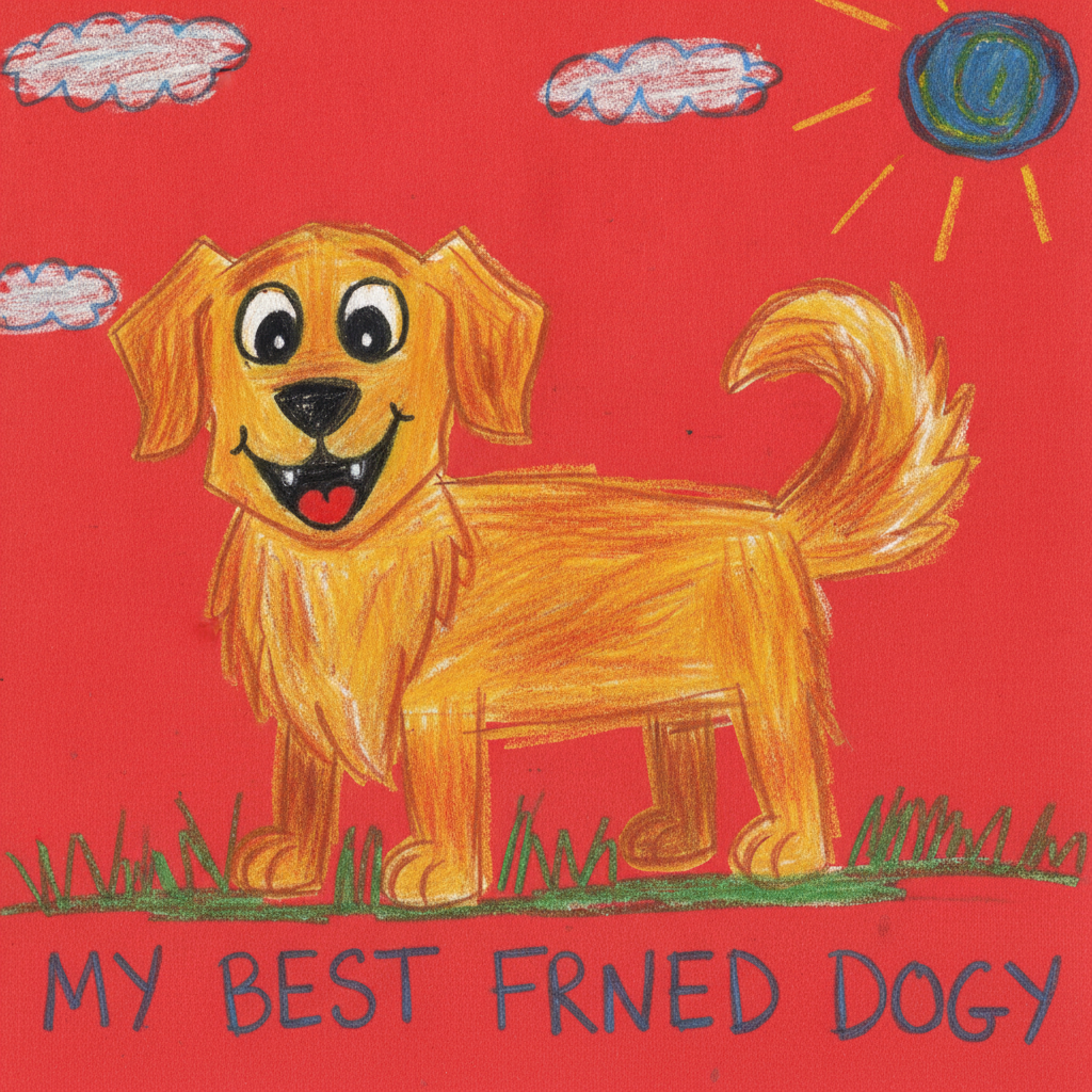 A childlike crayon drawing of a golden retriever, captioned my best fwend dog