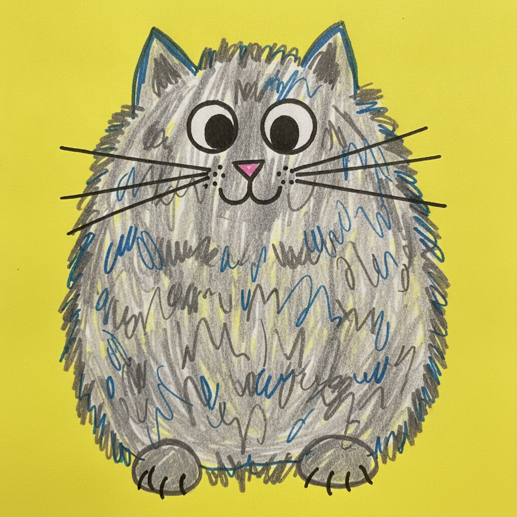 A childlike felt-tip drawing of a fluffy cat
