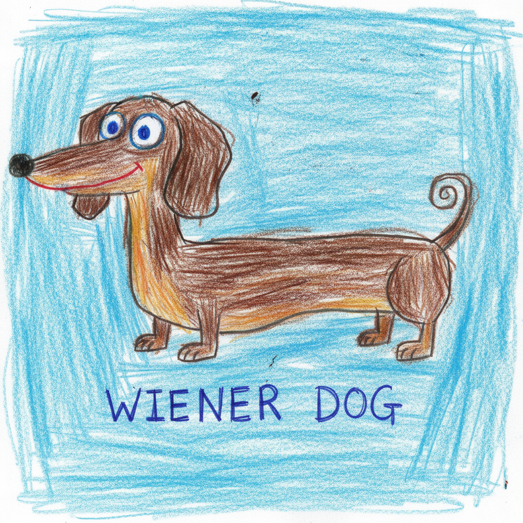 A childlike crayon drawing of a dachshund