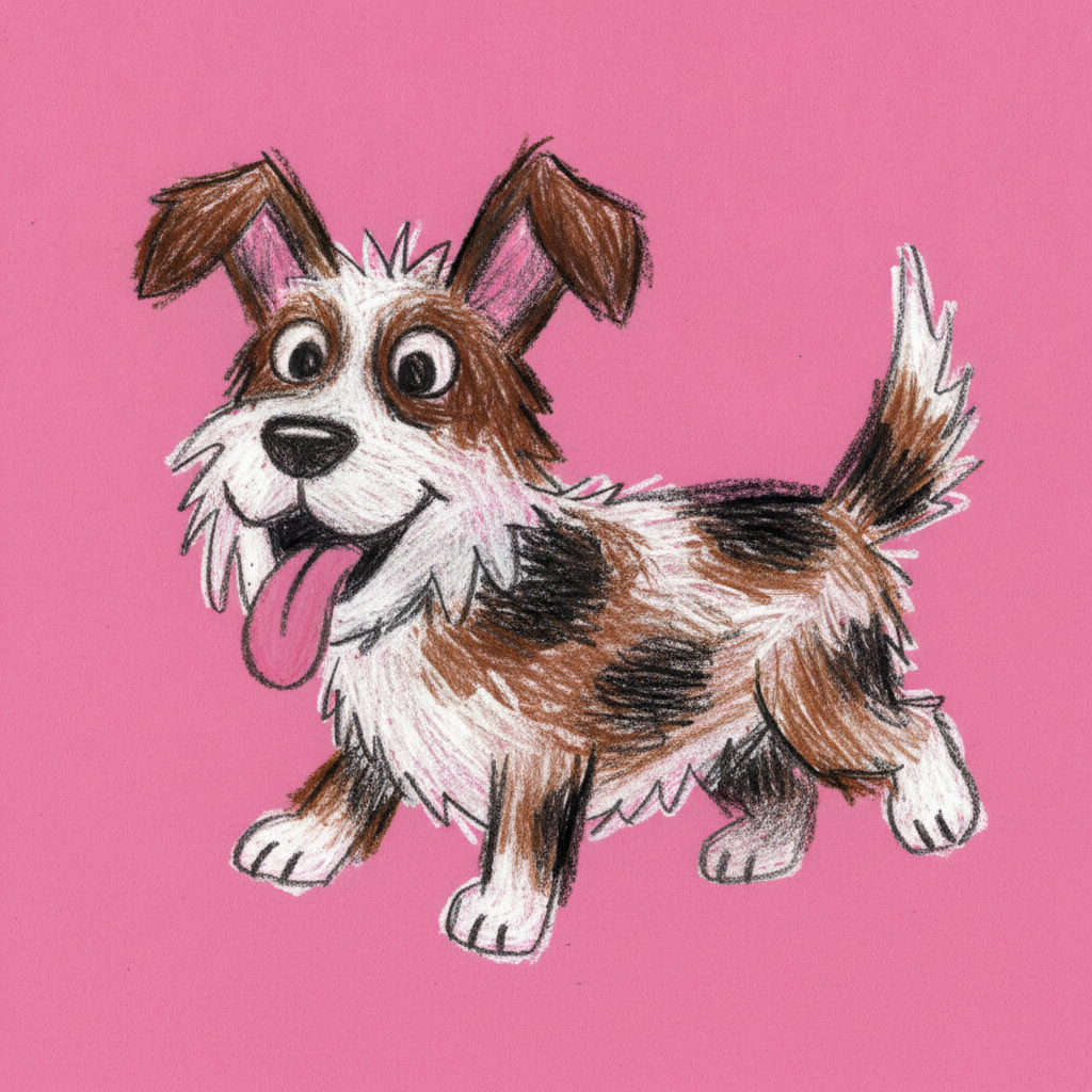 A childlike crayon drawing of a scruffy mutt